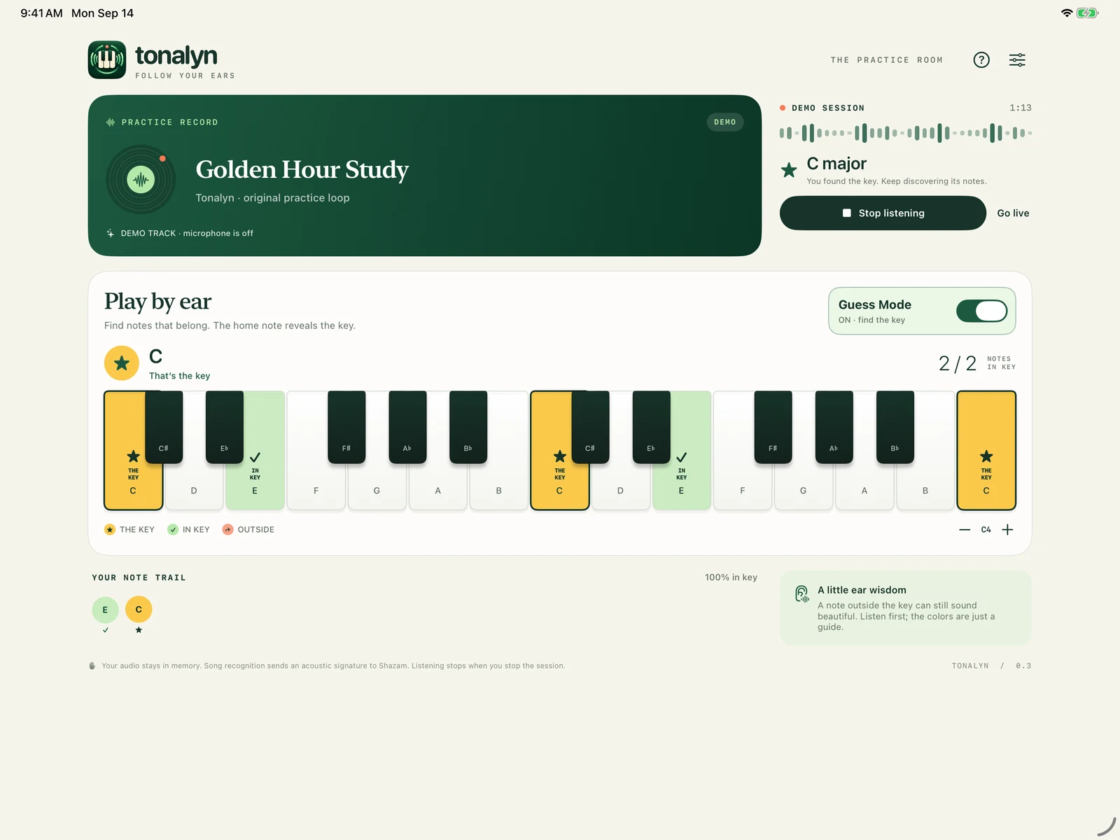 Real Tonalyn iPad screen: C is marked gold as the home note, and E is green as an in-key note.
