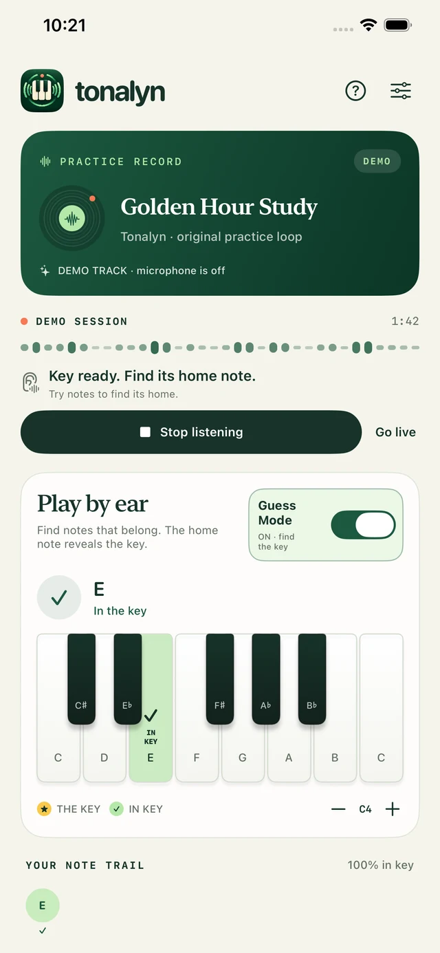 Real Tonalyn iPhone screen in Guess Mode: E is discovered in green while the name of the key remains hidden.